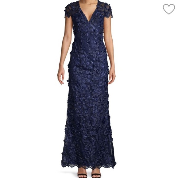 Carmen Marc Valvo Dresses & Skirts - CARMEN MARC VALVO INFUSION Navy 3D Floral‎ Appliqué Sequin Mermaid Maxi Dress S